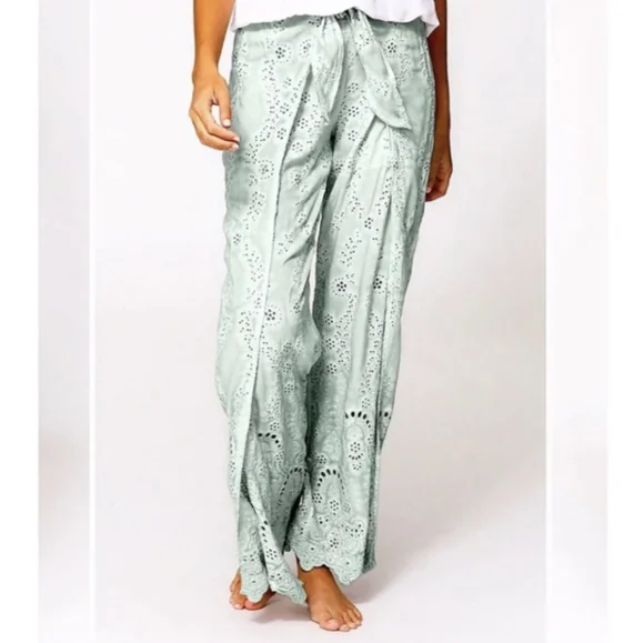 Young Fabulous & Broke Mint Eyelet Wide Leg Pants - Picture 1 of 12